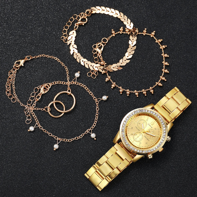 Conjunto de Relógios Femininos Dourado - 5 Peças, Aço Inoxidável