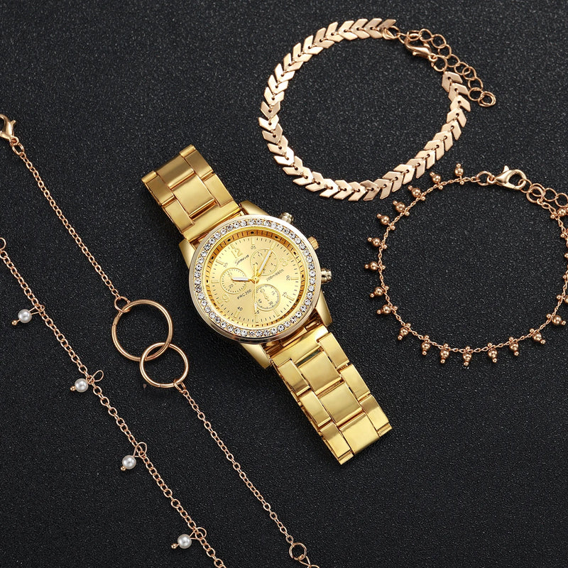 Conjunto de Relógios Femininos Dourado - 5 Peças, Aço Inoxidável