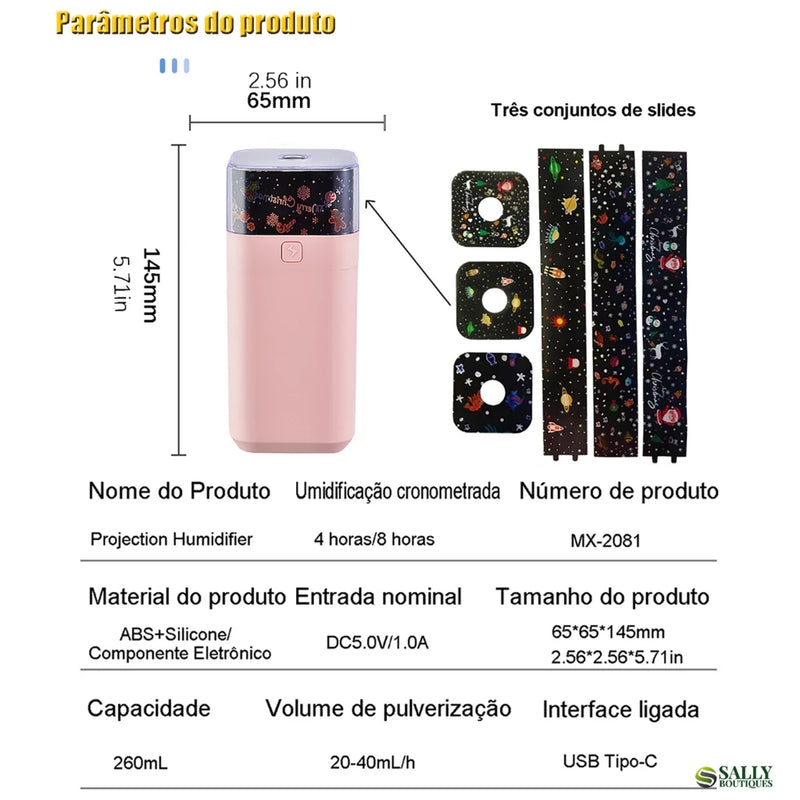 Umidificador De Ar E Aromatizador Purificador Com Luz De Projeção Colorida